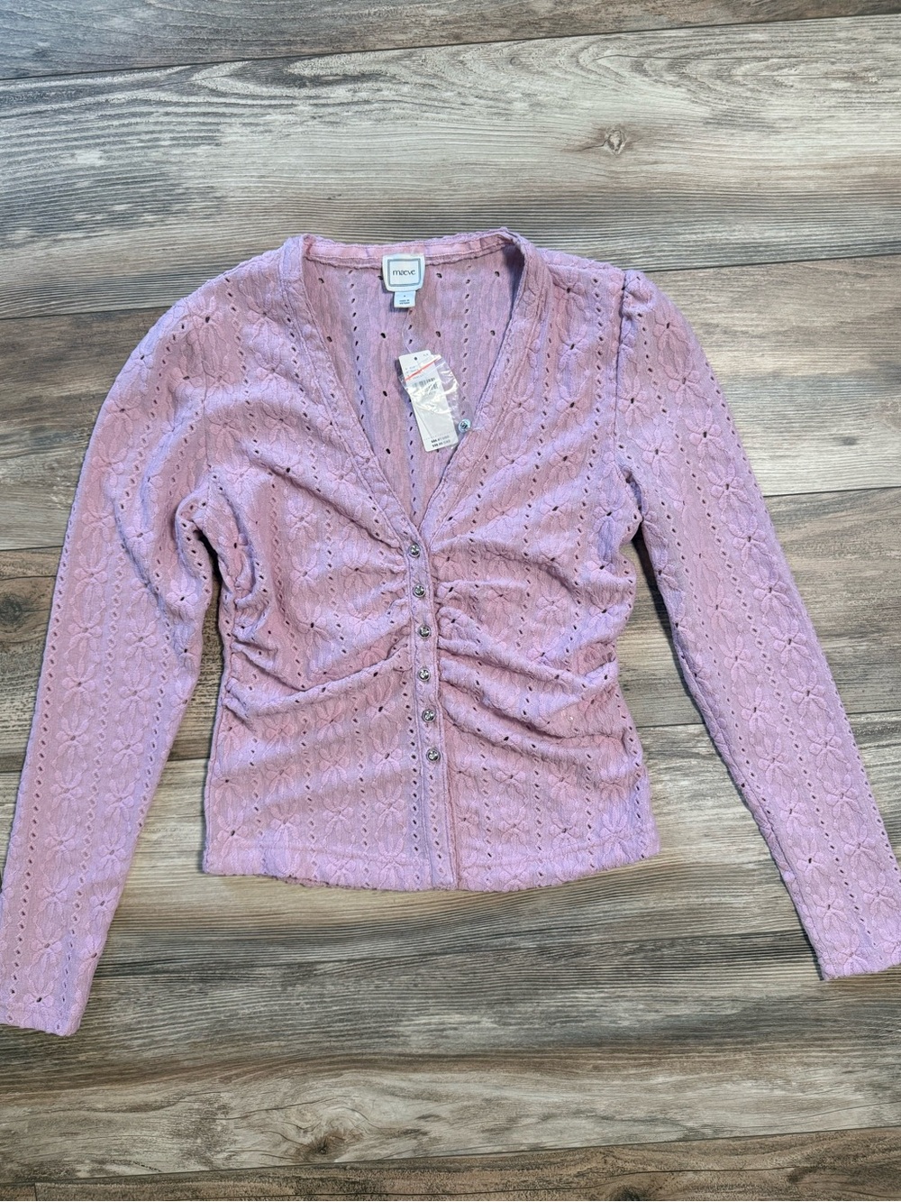 Maeve Lilac Eyelet Ruched Button-Front Long Sleeve Top